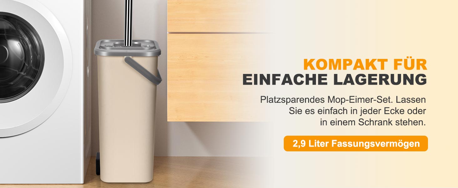 Набір для миття підлоги з відром, Masthome: компактний моп з відром та вичавкою, 3 мікрофібрових насадок, нержавіюча сталь, 2-в-1, для дерев'яних, плиткових та мармурових підлог, бежевий, 2.9л