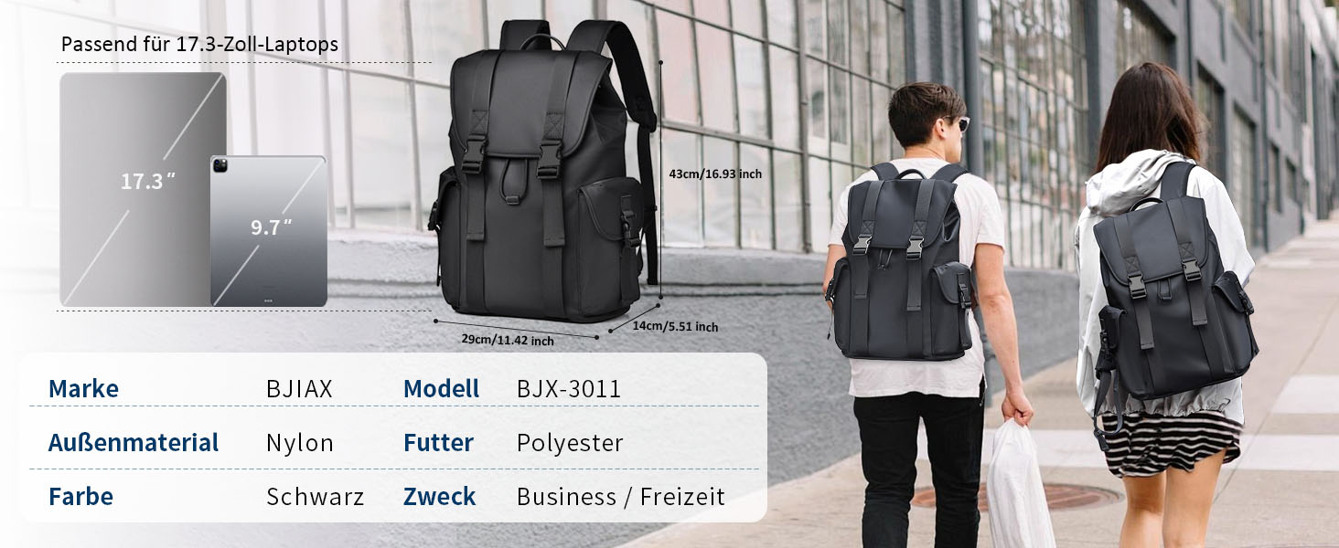 Чоловічий та жіночий рюкзак Vintage 17.3 дюйми, водонепроникний, для ноутбука, школи, подорожей, чорний