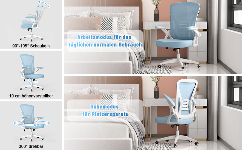 Офісний стілець Naspiro, ергономічний, з сітчастою спинкою, відкидними підлокітниками, регульованою висотою, з м'яким сидінням, для офісу та дому, блакитний, без підголівника