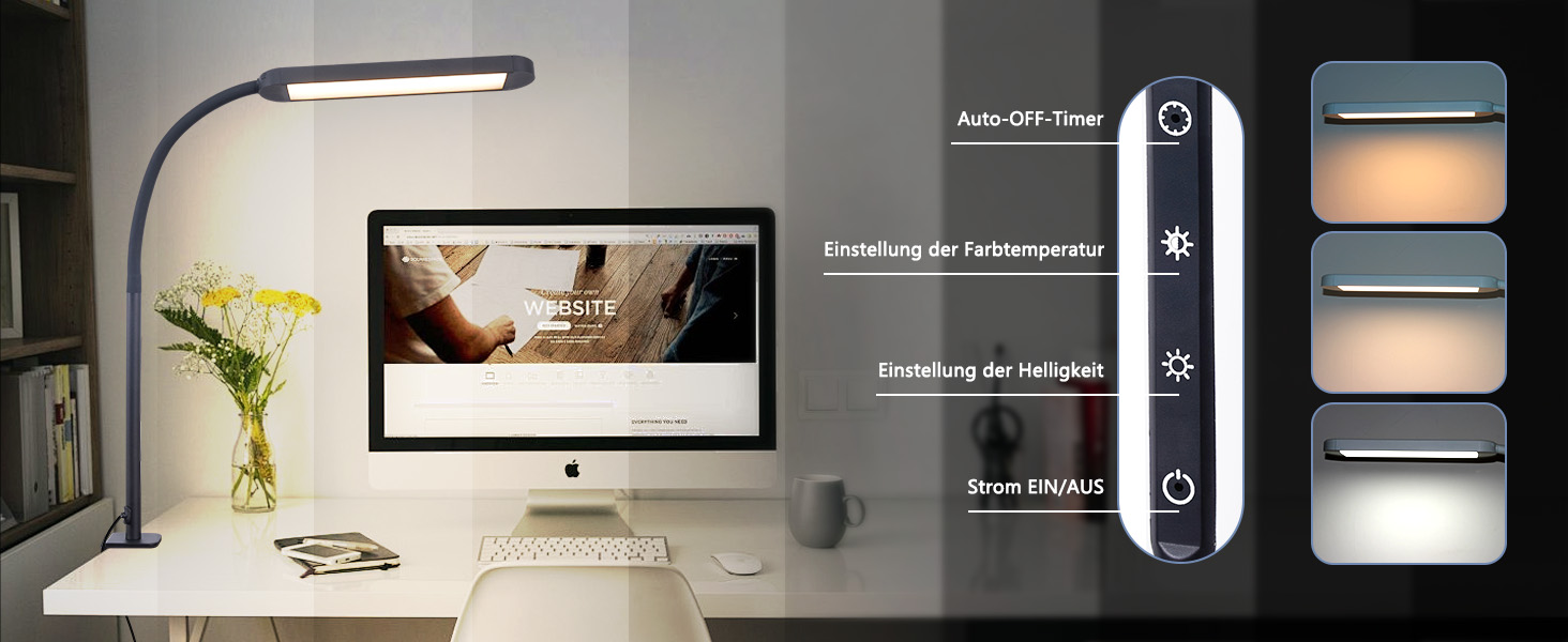 Лампа для столу Homefire LED з кріпленням, диммування: чорна, 5 рівнів яскравості, 5W, гнучка, захист очей, денне світло для офісу та робочого кабінету (Вилка EU)