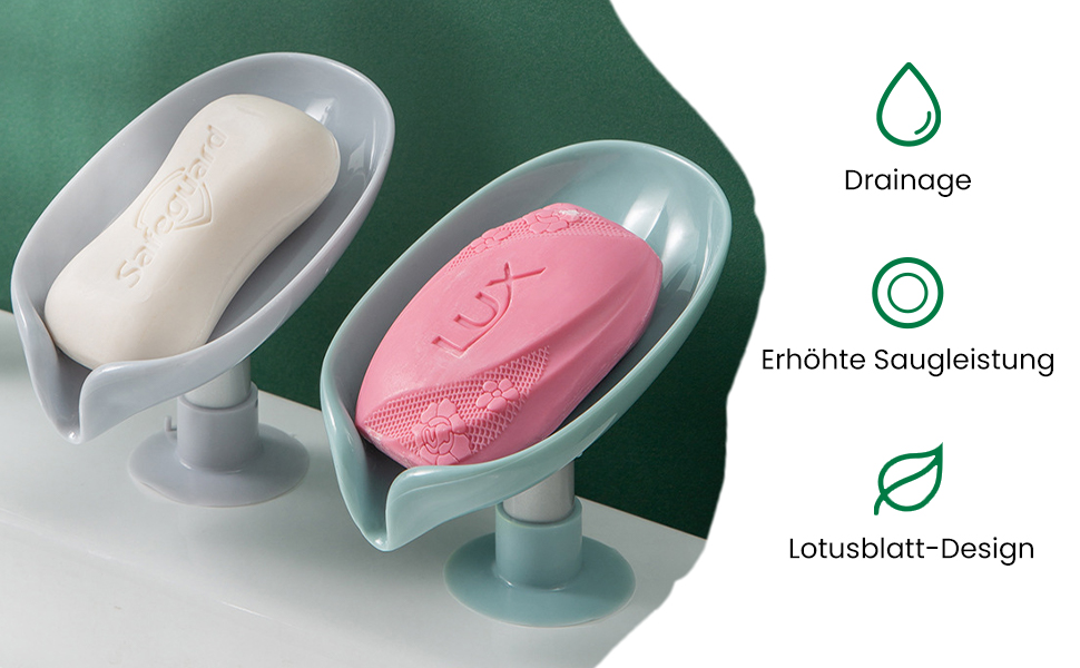 Набір з 2 мисок для мила з водовідведенням, зелено-сірого кольору. Підходить для кухні та ванної кімнати. Без свердління, для твердого шампуню.