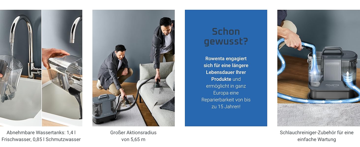 Rowenta Clean It - портативний відпарювач для килимів, 750 Вт, зелений/чорний, IN5020F0. Знімний бак 2.3 л, 5 насадок