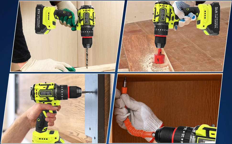 Акумуляторний шуруповерт 21V з набором 46 предметів: безщітковий дриль-шуруповерт, 2 акумулятори 2000 mAh, патрон 3/8', 20+3 ступені крутного моменту, до 65 Н.м, LED-ліхтар, 2 швидкості, аксесуари для електроінструментів