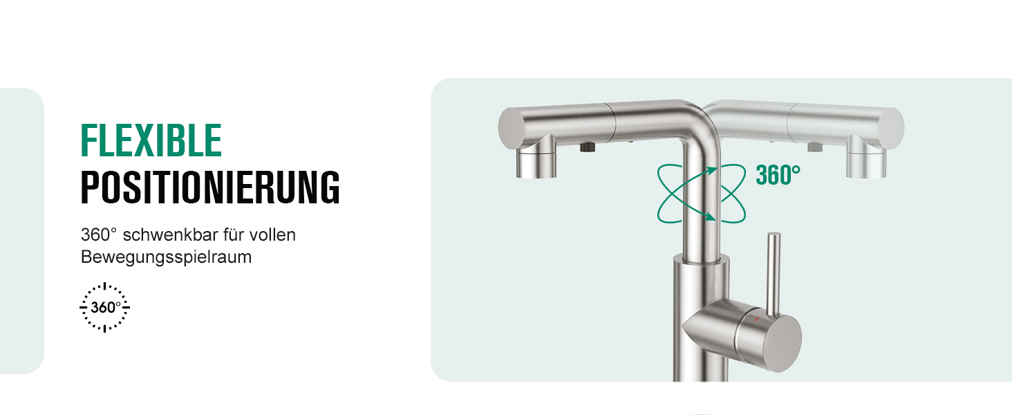 Кран кухонний CREA з 3 функціями, висувна лійка, поворот на 360°, матовий (з нержавіючої сталі)
