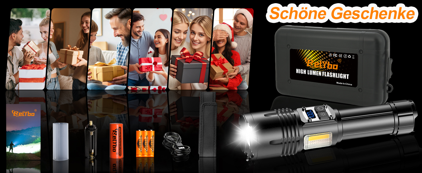 Ліхтарик LED акумуляторний, тактичний, 500000 люмен, 9 режимів, COB бічне світло, USB-C, для кемпінгу та надзвичайних ситуацій, чорний