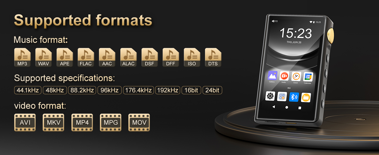 HiFi MP3 плеєр ZAQE з Bluetooth та WiFi, Android 12, Lossless DSD DAC, підтримка Flac, 64GB карта пам'яті (до 512GB), чорний