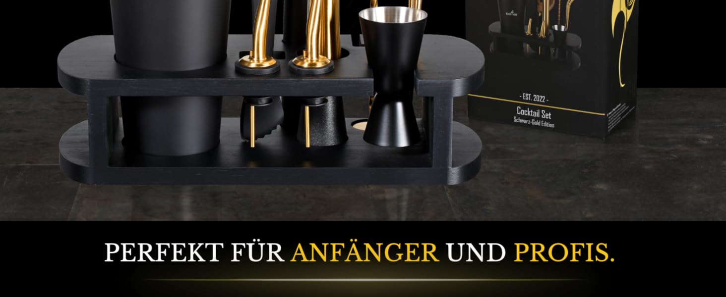 Barmingo Stainless Steel Cocktail Set - 11 Piece Bar Set with Shaker, Stand & Accessories | Cocktail Shaker Set | Bartender Set | Black & Gold