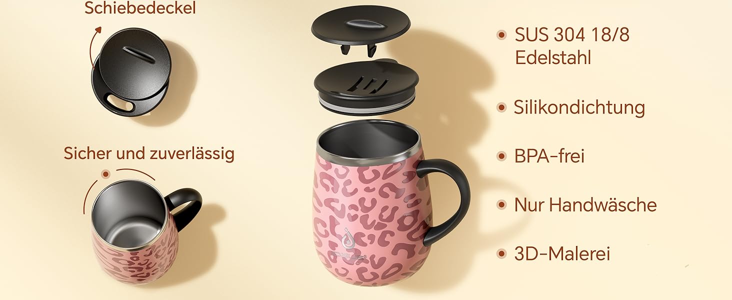 Термокружка Ideus 470 мл з нержавіючої сталі, подвійні стінки, ізоляція, з кришкою-ковпачком, протиковзкий наклад, зелений/рожевий (Leopard Rosa)