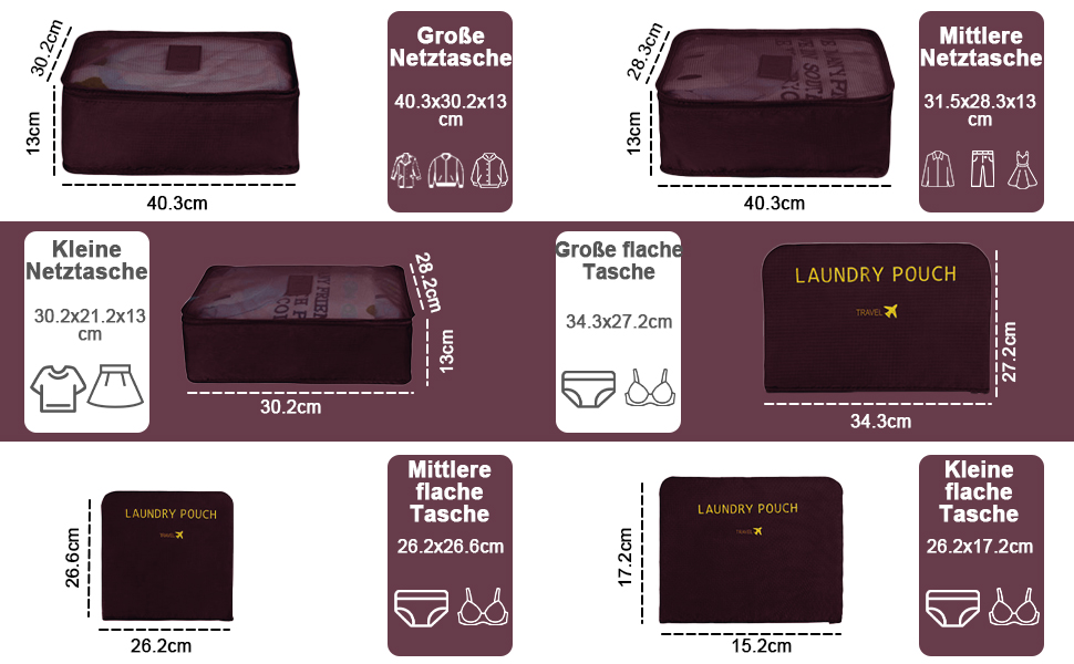 Органайзер для валізи Vicloon, набір 8/6 шт. - пакувальні куби, аксесуари для подорожей, косметички, сумочки для взуття (Бордовий)
