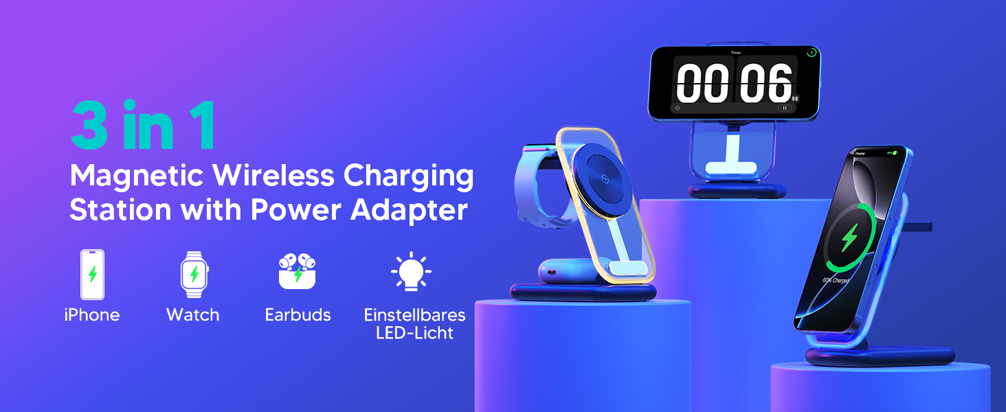 Бездротова зарядка MagSafe 3-в-1 для iPhone, Apple Watch та AirPods, сумісна з iPhone 16/15/14/13/12 Plus/Pro Max