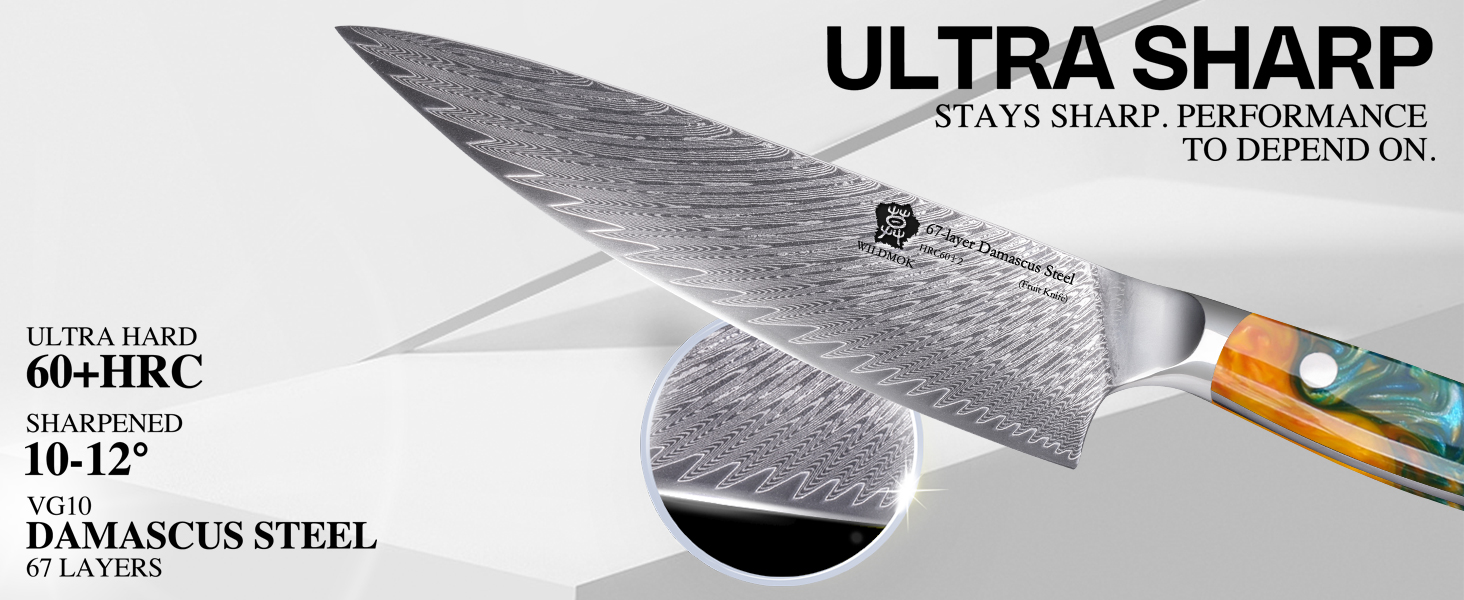 Японський ніж WILDMOK Santoku 20см з дамаської сталі, ручка з жовтої смоли (VG10 сталь)