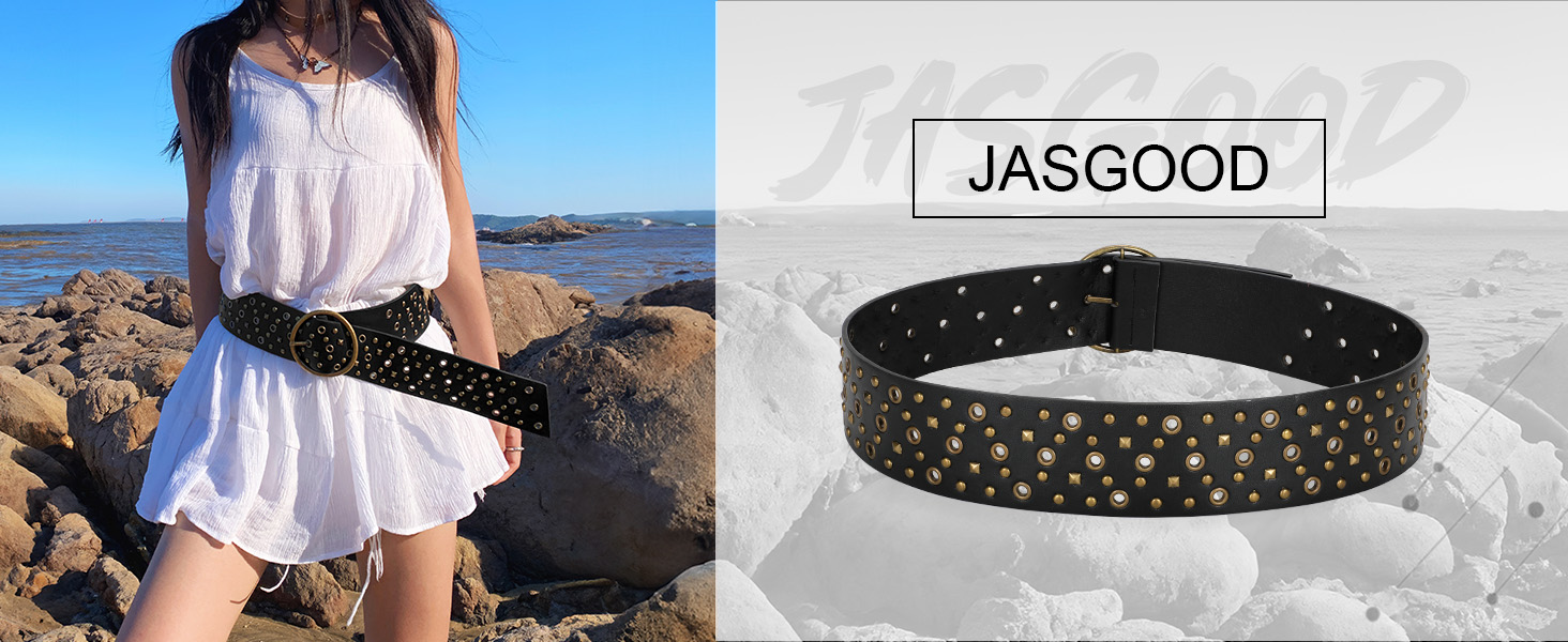 Жіночий широкий пояс JasGood з прорізними заклепками та круглою застібкою, пояс з заклепками, пояс для талії, для джинсів, штанів, суконь, чорний, розмір S (об'єм талії до 88 см)