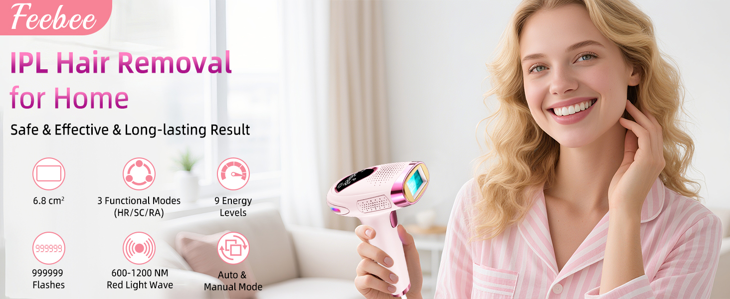 Епілятор IPL з лазером, 6.8 см², 3-в-1 для дому: обличчя, інтимна зона, ноги. 2 змінні насадки, HR/SC/RA технології. Для жінок