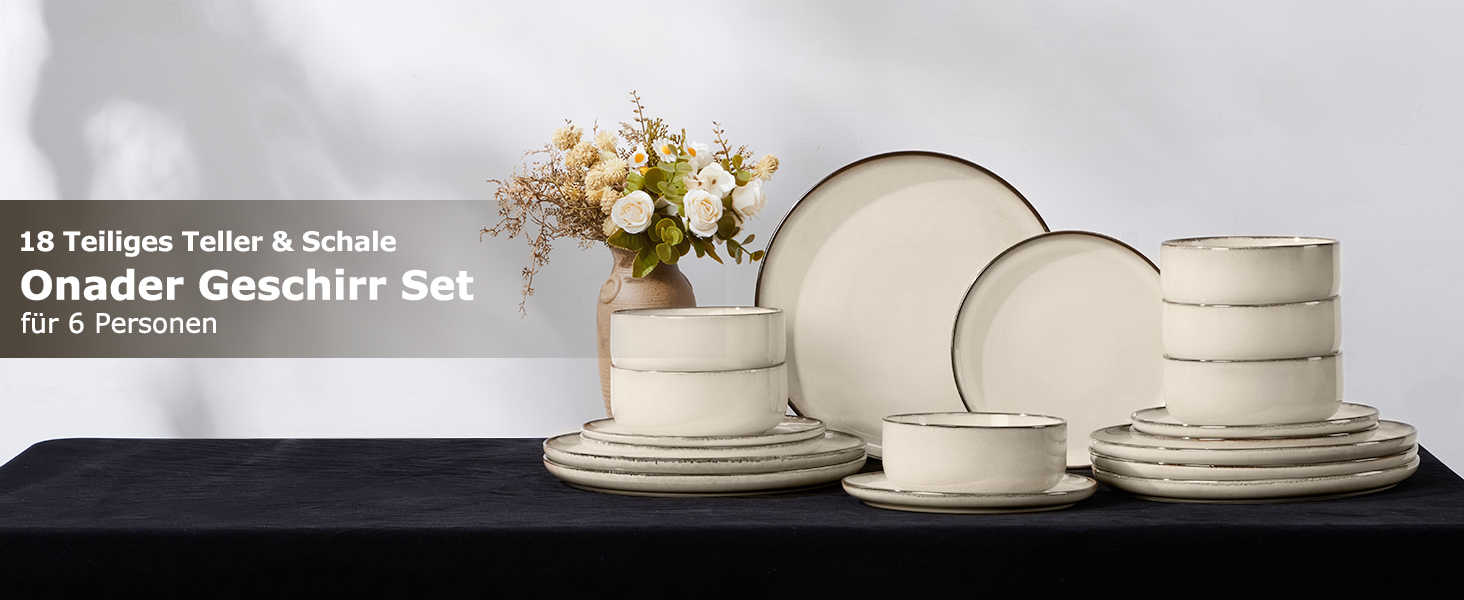 Набір посуду Onader для 6 осіб (18 предметів), керамічний сервіз, 6 тарілок для їжі, десертних тарілок, мисок для каші, стійкий до миття в посудомийній машині та подряпин (Karst Khaki)