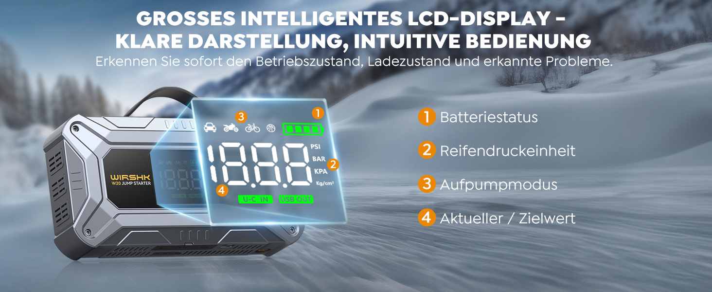 Портативний пусковий пристрій 8000A з повітряним компресором 160 PSI для бензинових та дизельних двигунів (до 10 л), з дисплеєм та аварійною світлодіодною лампою