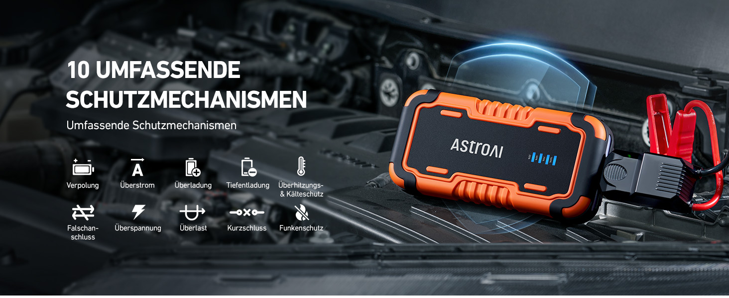 Powerbank AstroAI P10 для авто: пусковий пристрій, 10L бензин/8L дизель, 12V, LED, Orange