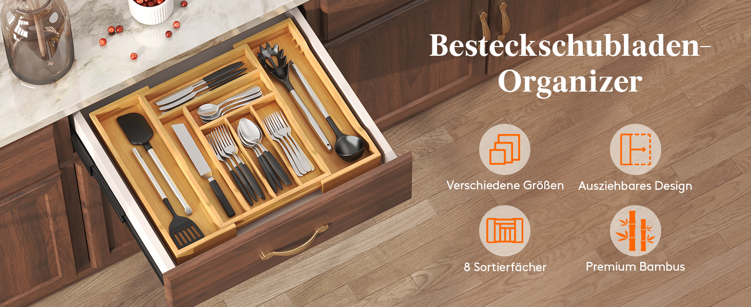 Органайзер для столових приборів Lifewit в шухляду, бамбуковий, 43x31-53x47 см, висувний, для ложок, виделок, ножів