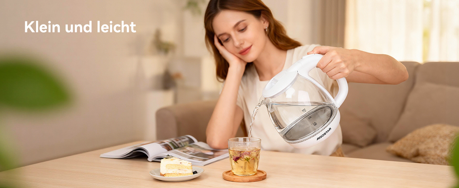 Електричний чайник Aigostar зі скла, 1 л, 2200W, LED-підсвічування, автоматичне відключення, захист від сухого кипіння, BPA Free, білий