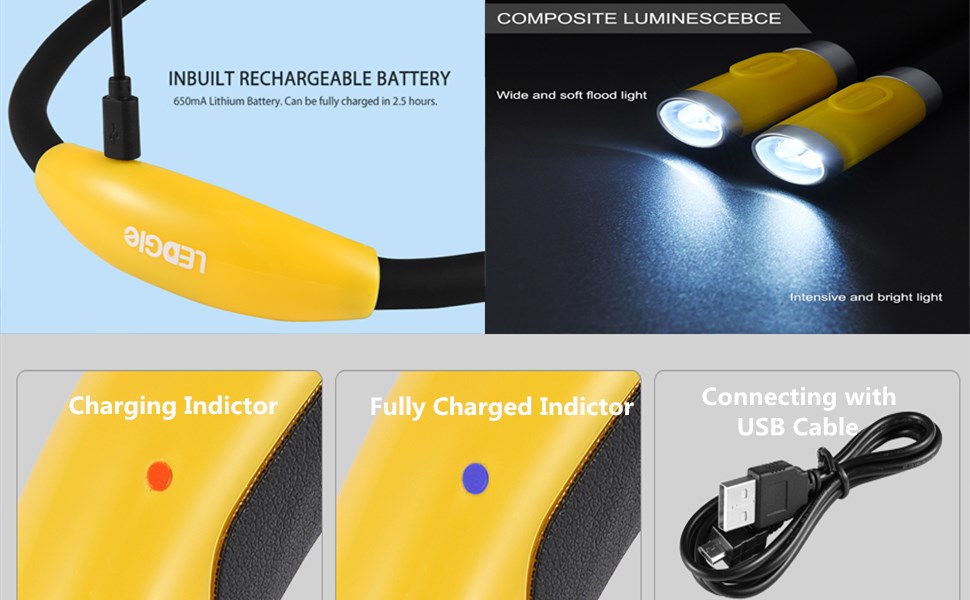 LED лампа на шию LEDGLE для читання, перезаряджувана, 3 режими яскравості, гнучка, 6500-7000K, жовтий світ