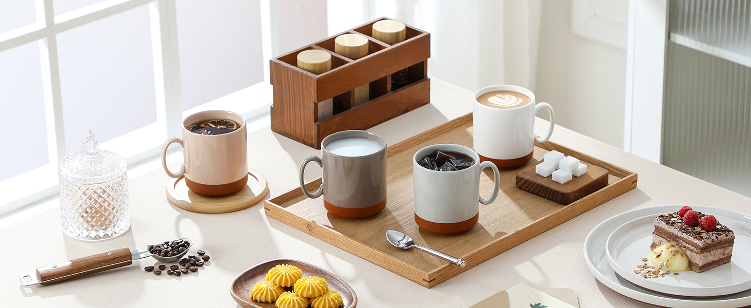 Набір кавових чашок MALACASA TARA Khakiweiß (4 шт.), 350 мл, кераміка, для кави, чаю, соку, лате, капучино, какао, безпечні для миття в посудомийній машині та використання в мікрохвильовій печі