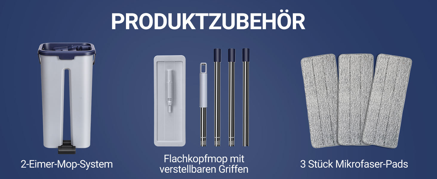 Набір для миття підлоги MASTERTOP з відром, моп з нержавіючою ручкою та 3 насадками, 2 в 1 набір відр та мопа, плоский моп з функцією віджиму для ламінату, плитки, твердої підлоги (Бежевий) (Набір для миття підлоги з відром: Сірий+Блакитний)
