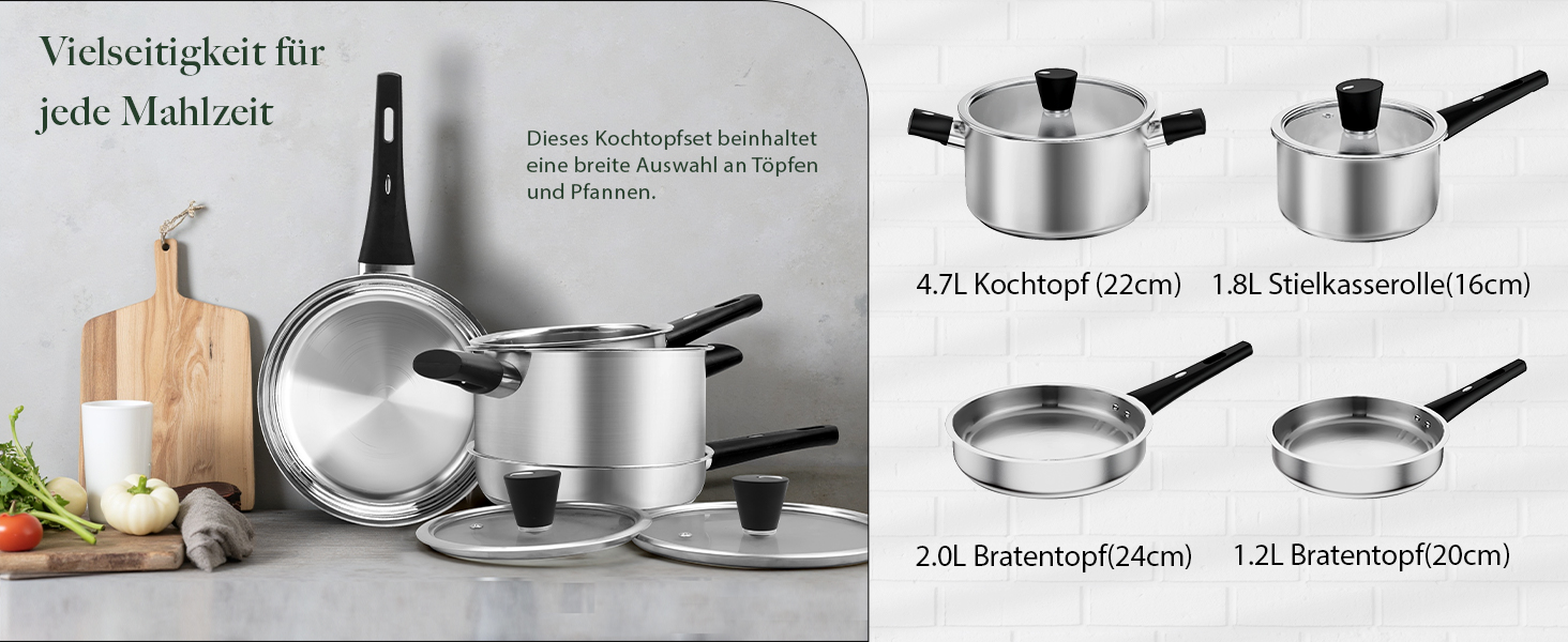 Набір каструль 6-ти частинний з нержавіючої сталі для індукційних плит, Cookware Set, без антипригарного покриття, сумісний з усіма типами плит, з кришкою та захистом від опіків, придатний для миття в посудомийній машині