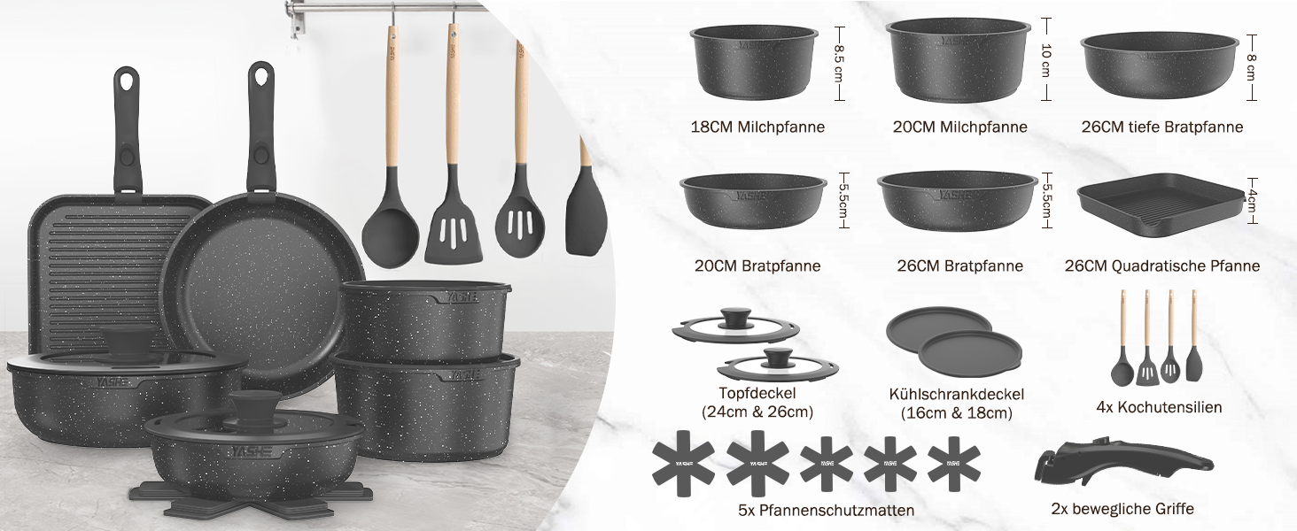 Набір посуду YASHE 21 предмет: каструлі та сковорідки з антипригарним покриттям, знімні ручки, скляні кришки, індукційний, для духовки, стекуваний, білий (сірий)