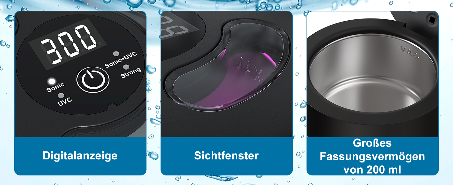 Ультразвуковий очищувач для кап, брекетів та елайнерів з УФ-стерилізацією 45 кГц, 4 режими, 200 мл, чорний