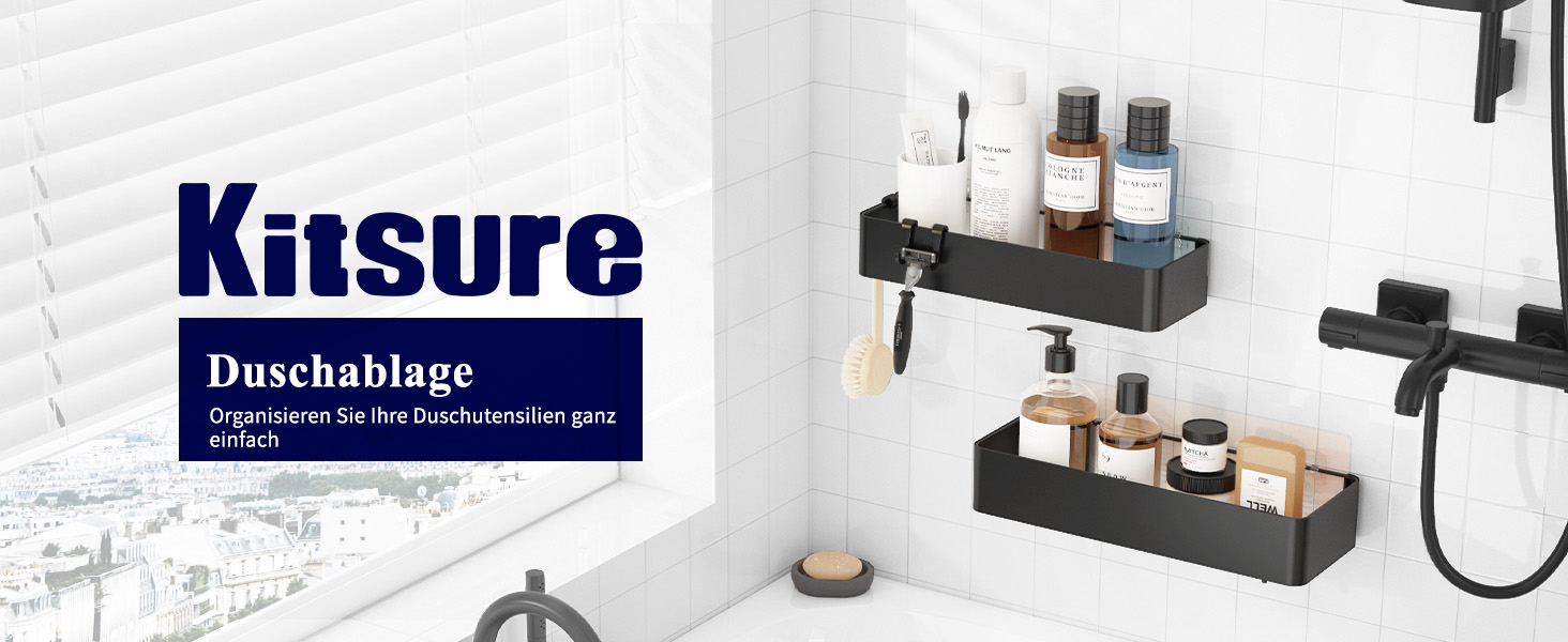 Поличка для ванної кімнати Kitsure без свердління, органайзер для душу великого розміру, чорний (набір 2 шт.)