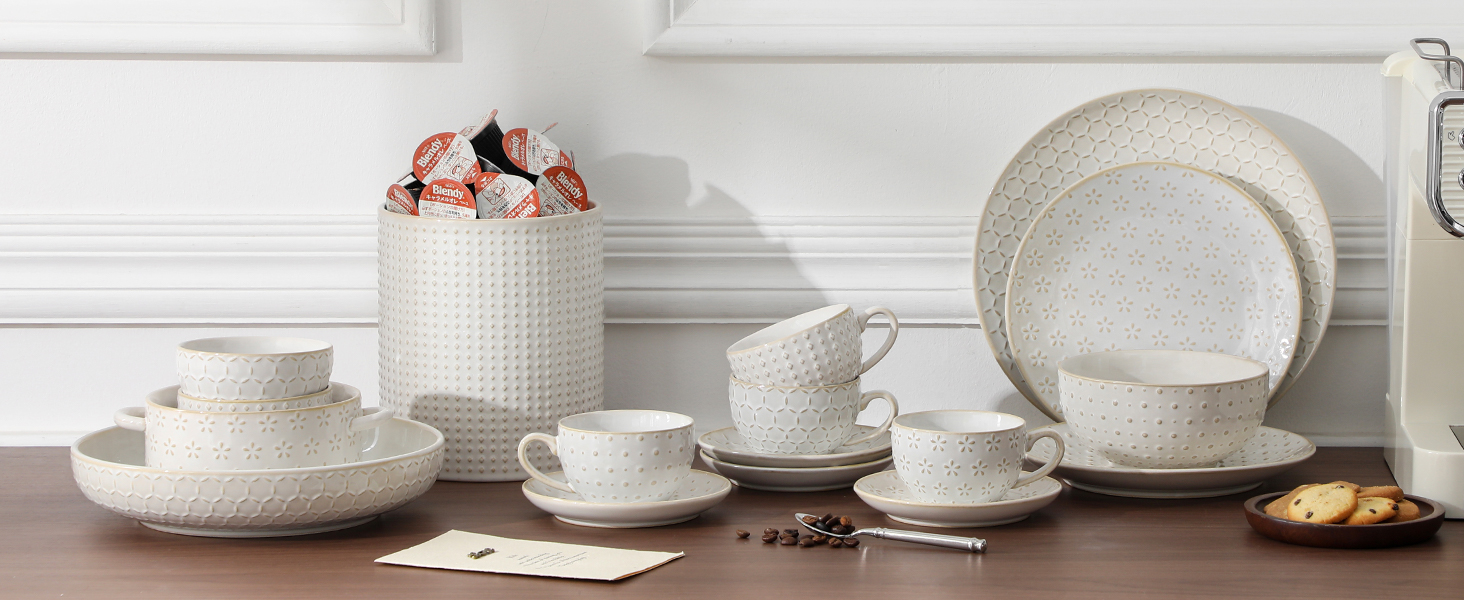 Набір кавових чашок MALACASA з блюдцем, 8 шт. (4 персони), кавовий сервіз з порцеляни, об'єм 180 мл, для кави, чаю, десертів, бежевий