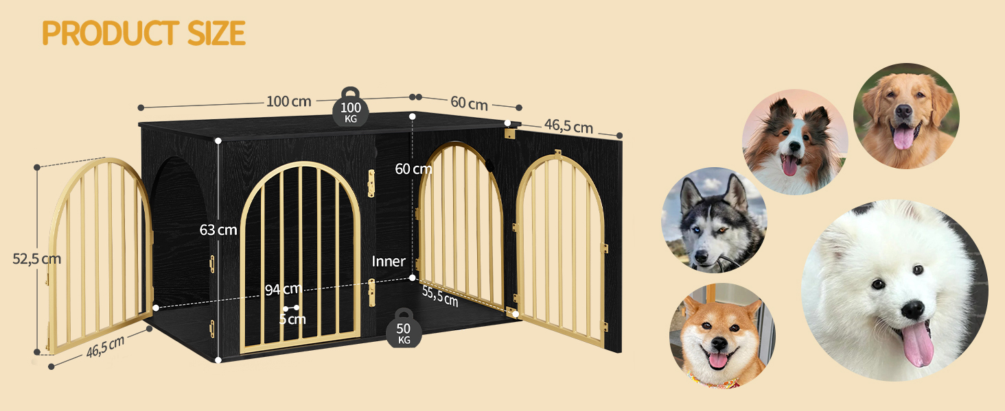 Клітка для собак Hzuaneri, 100 см, з 3 дверцятами, сучасний дизайн, для дому, чорне золото, DFC84101B