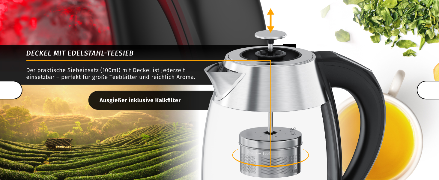 Електричний чайник Arendo зі скляною колбою, регулюванням температури, нержавіючою сталлю, LED-підсвічуванням, 2200 Вт, 1.8 л, 2 кришки (з та без сита для чаю), фільтр від накипу, функція підтримки тепла