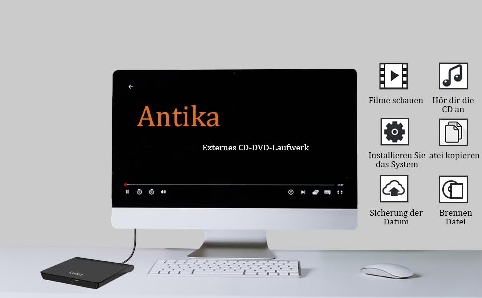 Зовнішній DVD-привід Antika USB 3.0 Type-C, портативний CD/DVD бренер для ноутбука та ПК, підтримка Win11/Win10/MacOS, чорний