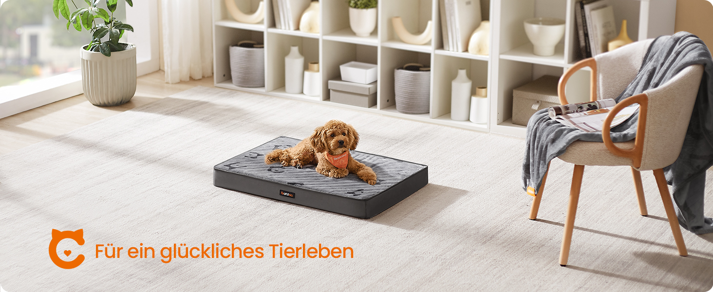 Ліжко для собак Feandrea, знімний водонепроникний матрац, розмір M (76 x 51 x 8 см), для маленьких та мініатюрних собак, сірий, PGW241G01