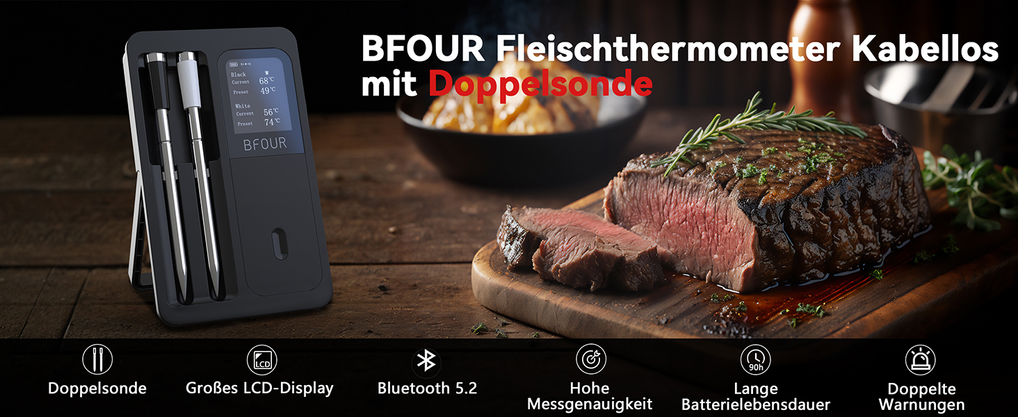Бездротовий термометр для м'яса BFOUR з 2 зондами, Bluetooth, LCD-дисплей, керування через додаток, цифровий термометр для приготування на грилі, в духовці, диморі, BF-40 PRO чорний
