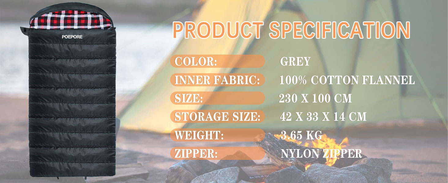 Спальний мішок Poepore Outdoor Winter для дорослих, XXL, 3-4 сезони, теплий бавовняний фліс, 230x100 см, 0°C (сірий, -6°C)