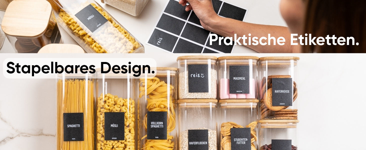 Набір скляних контейнерів для зберігання Deco haus® (6 шт.) з кришкою, етикетками - герметичні банки для круп, макаронів, спецій