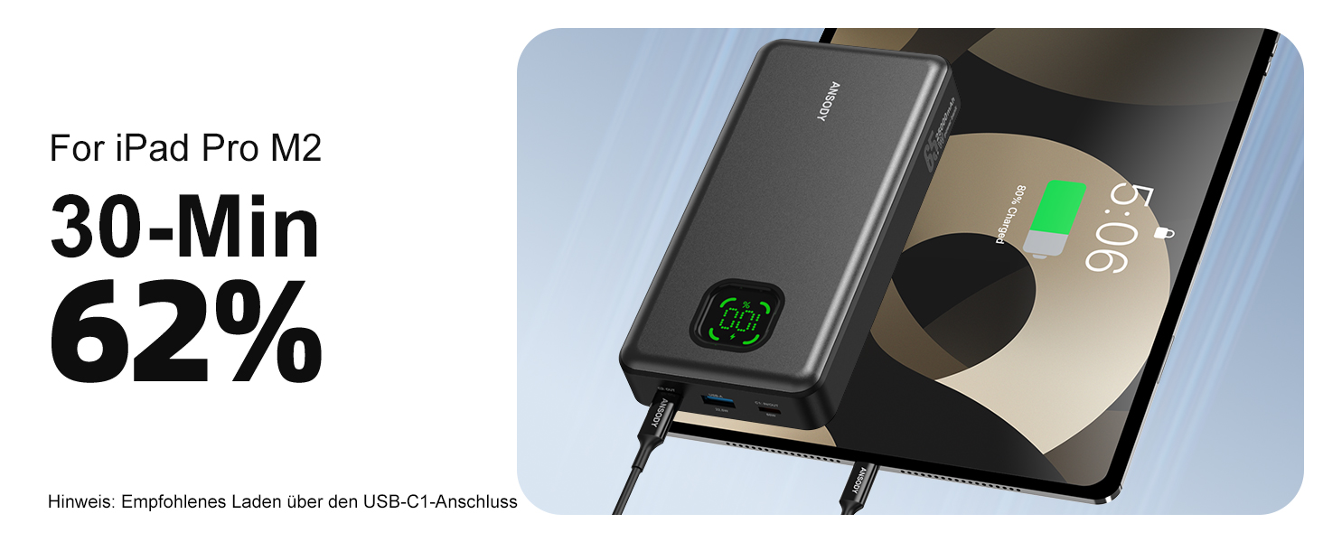 Power Bank 65W 25000mAh Klein Aber Stark для ноутбука та iPhone/iPad: портативний акумулятор з LED дисплеєм, USB-C, сірий