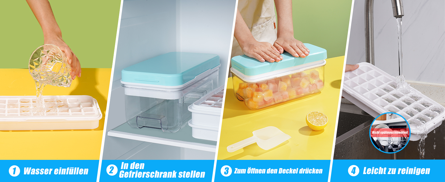 Ice cube mold, ice cube container, 96 ice cubes, ice cube mold with lid, with 3 trays, easy push to release ice, leak-proof, cooling for cocktails, whisky, coffee, blue