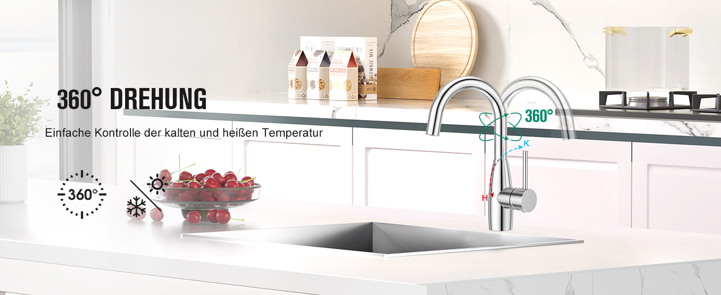 Кран кухонний CREA, 360° поворотний, для малої кухні, змішувач з високим виливом, нержавіюча сталь хром