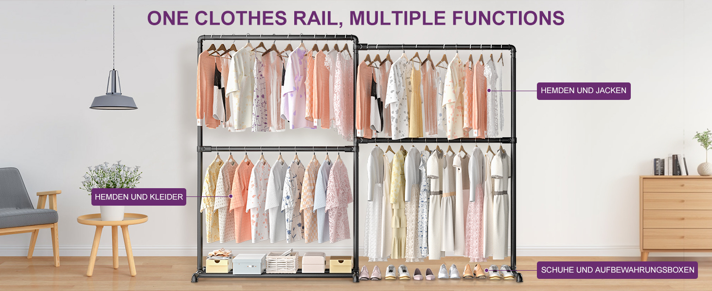 Міцна вішалка для одягу LOEFME з обертовими бічними панелями, металева стійка для одягу з полицею для зберігання, чорного кольору, 150 кг вантажопідйомність