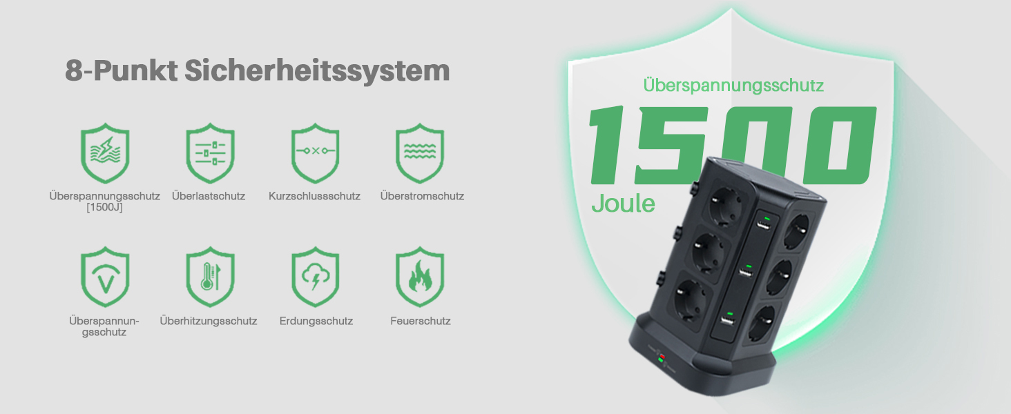 KOOSLA Тур Steckdosenturm 12 Fach з USB (6x) та захистом від перенапруги (4000W/16A) для офісу, кухні, столу, 5м, чорний
