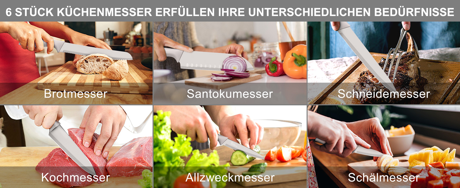 Набір кухонних ножів Homikit, нержавіюча сталь, 6 предметів, з захисним чохлом. Включає: кухарський ніж, ніж для м'яса, ніж для хліба, універсальний ніж, ніж для очищення овочів, сатокі. Антипригарне покриття, Khaki
