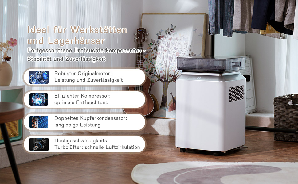 Електричний осушувач повітря 70л/день з авто-режимом та шлангом для підвалу, ванної кімнати, спальні до 150㎡. Осушувач з цифровим дисплеєм, захистом від плісняви, 360° колесами, тихий 40dB, білий (бежевий)