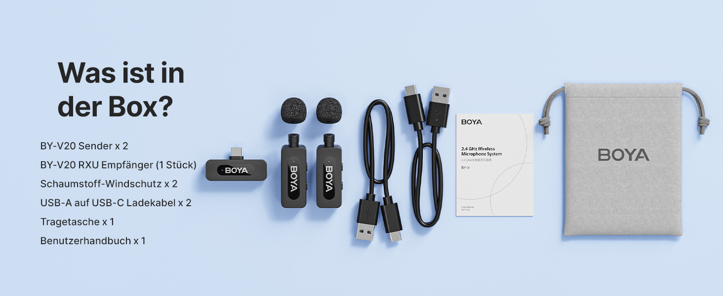 BOYA BY-V20 Бездротовий мікрофон-петличка для смартфона, iPhone, Android, USB-C, 48 КГц/16 біт, 9 годин роботи, шумозаглушення