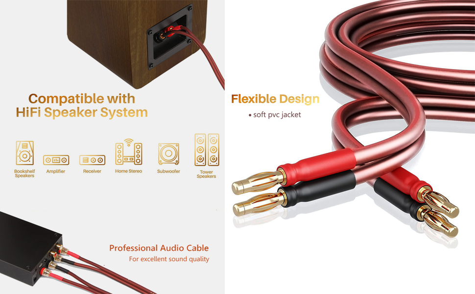 Акустичний кабель LONPOO LP42 з чистої міді та позолоченими бананоподібними роз'єктами, 14 AWG, 2 м, червоний (пара) для HiFi колонок