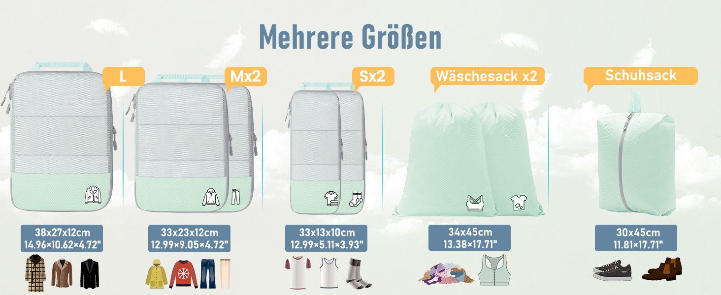 Набір з 8 компресійних органайзерів для валізи - чорний та м'ятний (8 шт.)