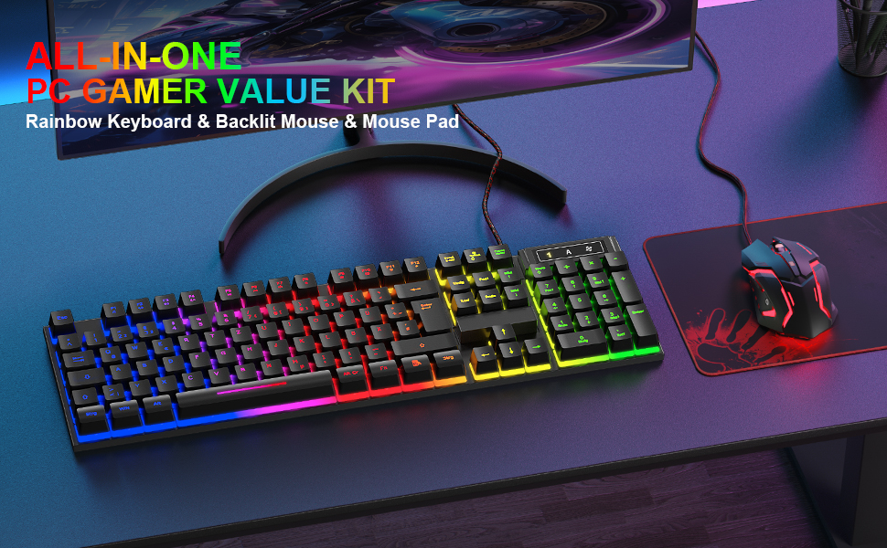 Ігровий набір клавіатури та миші QWERTZ DE, RGB підсвітка, ергономічна миша, великий килимок, USB для PC, PS4, Xbox