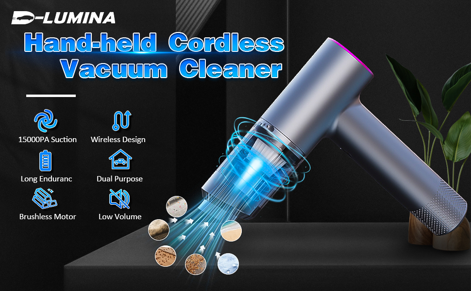 Бездротовий ручний пилосос D-Lumina 15000PA з USB-C, HEPA-фільтр, для дому, авто та тварин