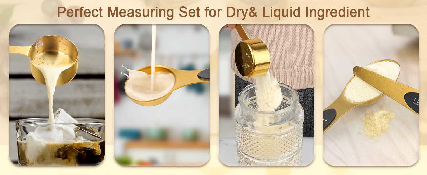 Набір мірних стаканів та ложок Cuteefun Gold, 13 предметів: 5 стаканів, 8 магнітних ложок, нержавіюча сталь для вимірювання сухих та рідких інгредієнтів для випічки та приготування їжі
